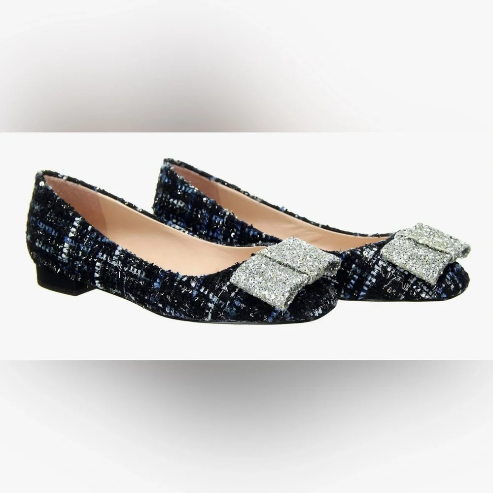 J Crew Women's Poppy Ballet Flats Tweed Glitter Bow Ocean Black Shoes SZ 7
